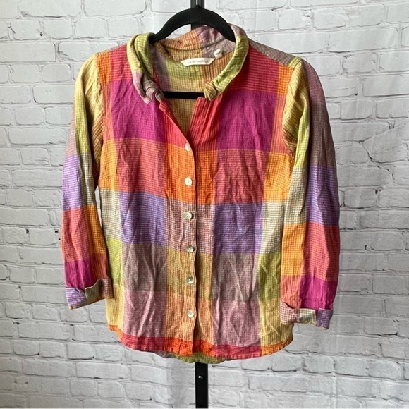 Soft Surroundings Galina Multi-Color Plaid Linen Button Down Tunic Top Size PS - Picture 3 of 6